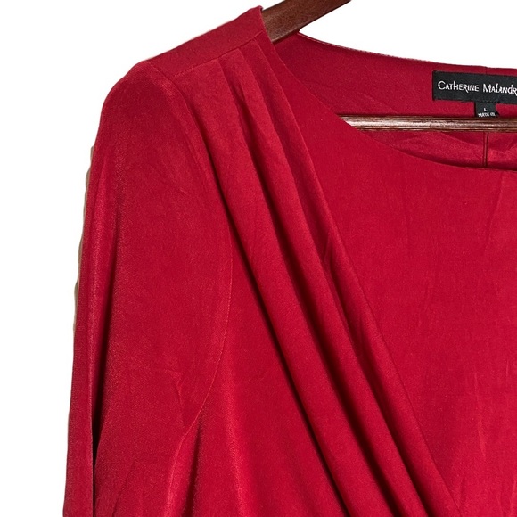 Catherine Malandrino Red Midi Dress Boat Neck Modest Draped Faux Wrap Large L - Picture 7 of 15